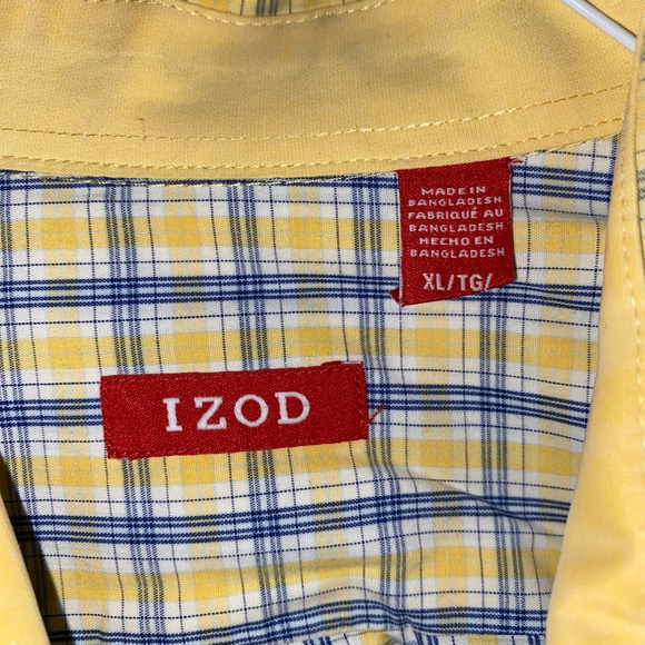 Men's IZOD Casual Button Down Shirt XL Yellow Blue Plaid 100% Cotton - Picture 3 of 5